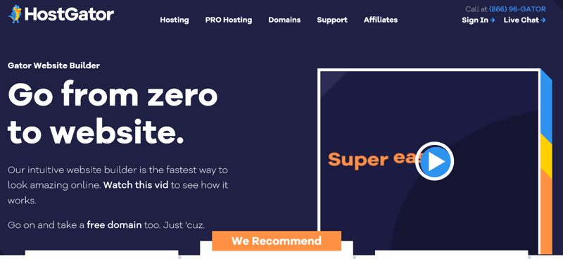 Homepage screenshot of HostGator's website builder.