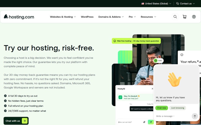Hosting.com’s money-back guarantee page stating a 30-day full refund on hosting plans, with the brand noted as formerly A2 Hosting