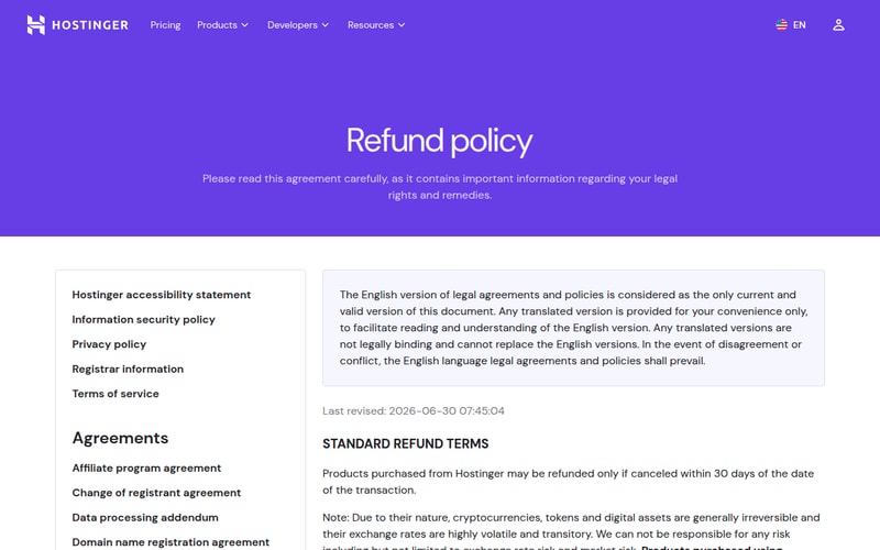 Hostinger’s refund policy page, last revised 30 June 2026, with the standard refund terms stating products may be refunded only if cancelled within 30 days of the date of the transaction