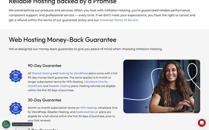 InMotion Hosting’s guarantee page showing a 90-Day Guarantee badge covering all shared and WordPress hosting plans, and a 30-Day Guarantee badge for month-to-month VPS, reseller and dedicated server plans