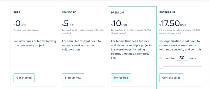 Trello Pricing Page