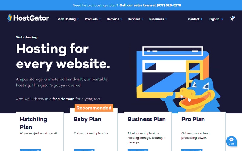 HostGator’s web hosting page headlined “Hosting for every website”, showing the Hatchling Plan described as “when you just need one site”, the Baby Plan marked Recommended for multiple sites, plus Business and Pro plans, with a free domain for a year