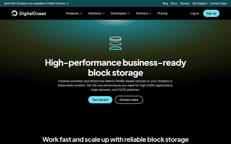 DigitalOcean Block Storage page headlined “High-performance business-ready block storage”, describing low-latency NVMe-based volumes you can instantly provision and attach to Droplets or Kubernetes clusters