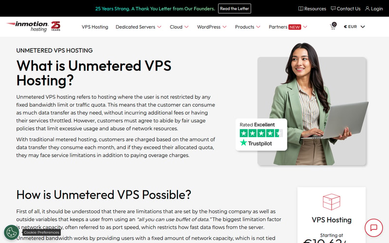 InMotion Hosting’s Unmetered VPS page explaining what unmetered VPS hosting means, noting customers must abide by fair usage policies and that the biggest limitation is network port speed