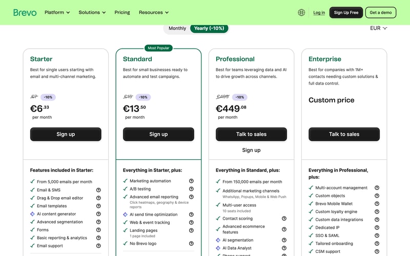 Brevo’s pricing page on yearly billing showing Starter at €6.33, Standard at €13.50, Professional at €449.08 per month, and a custom-priced Enterprise tier, with a “No Brevo logo” add-on listed at €8.10 per month on Starter.