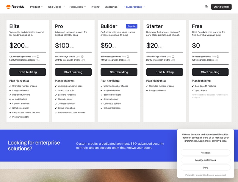 Base44’s five plans on monthly billing — Elite at $200, Pro at $100, Builder at $50, Starter at $20 and a free tier, each showing its message and integration credit allowance