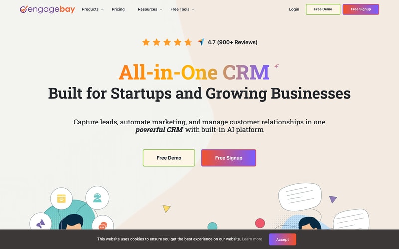 EngageBay’s homepage presenting its all-in-one marketing, sales, and service platform.