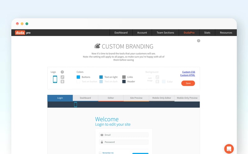 Duda’s white-label branding interface, where an agency customizes the logo, colours, and login screen its clients will see.