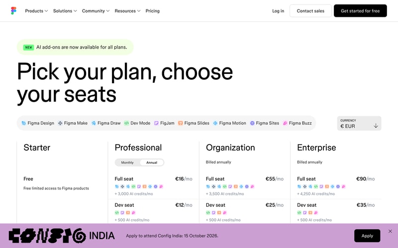 Figma’s pricing page showing Starter free, Professional with Full seats at €16 and Dev seats at €12, Organization at €55 and €25, and Enterprise at €90 and €35, each with monthly AI credit allocations.