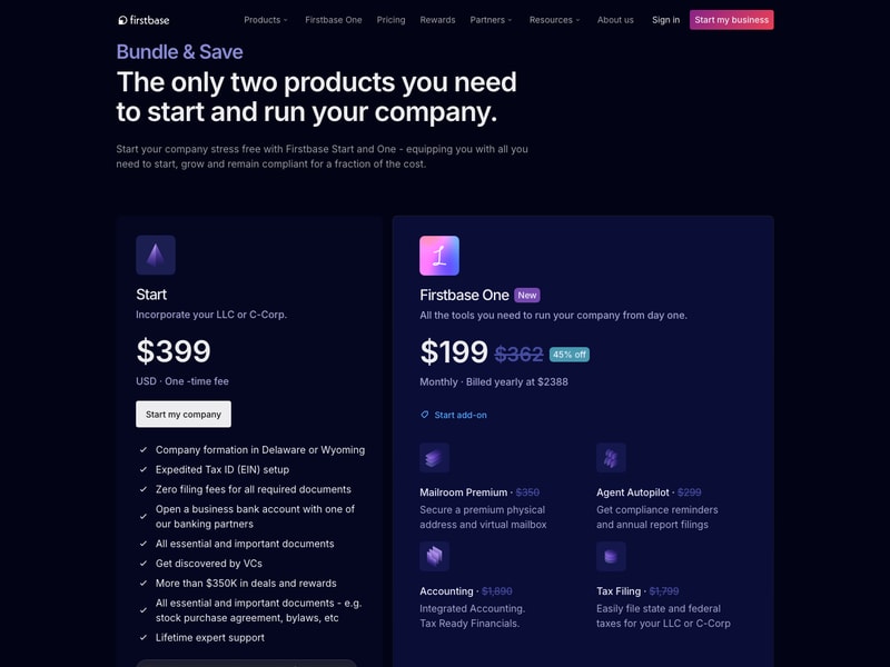 Firstbase.io’s pricing page, showing Firstbase Start at $399 one-off alongside the Firstbase One bundle at $199 a month.