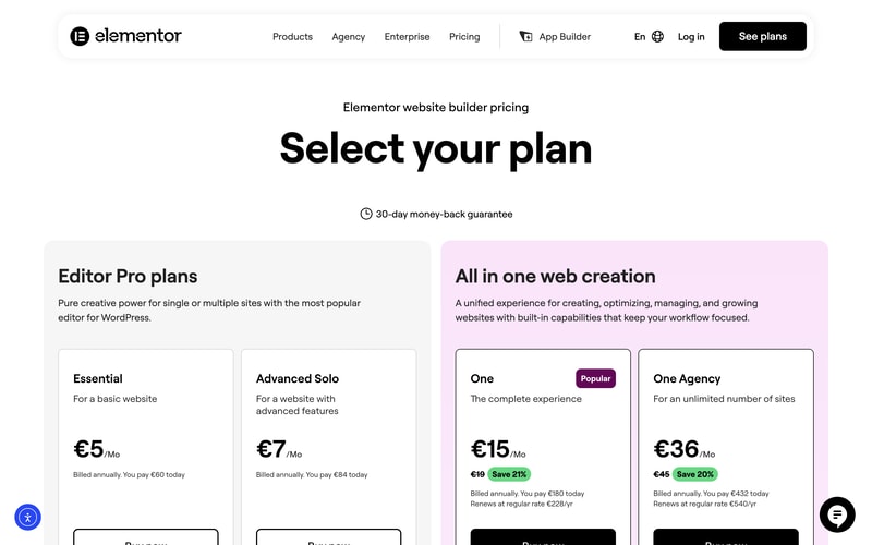 Elementor’s pricing page showing Editor Pro plans — Essential at €5 and Advanced Solo at €7 — beside All in one web creation plans One at €15 and One Agency at €36, with a 30-day money-back guarantee.