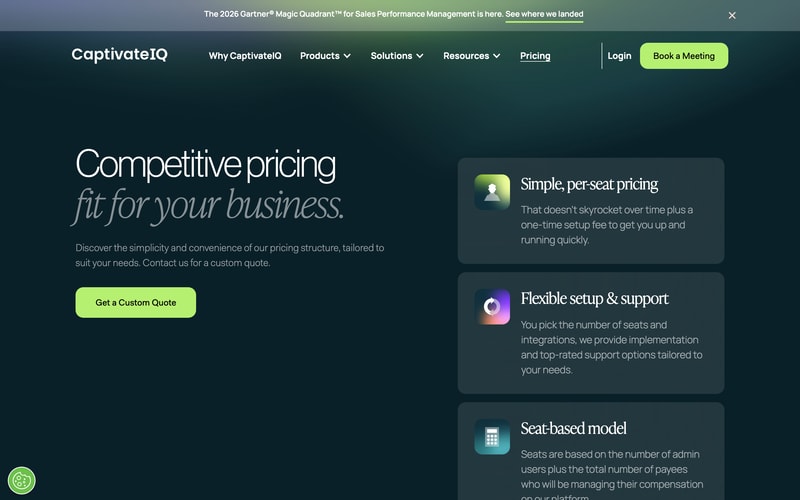 CaptivateIQ’s pricing page headed “Competitive pricing fit for your business”, with a Get a Custom Quote button and three cards describing simple per-seat pricing with a one-time setup fee, flexible setup and support, and a seat-based model counting admin users plus payees.