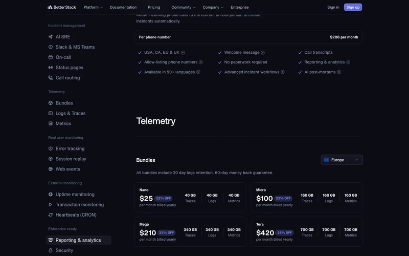 Better Stack’s Telemetry bundles — Nano $25, Micro $100, Mega $210 and Tera $420 per month billed yearly — with the data-region selector set to Europe.
