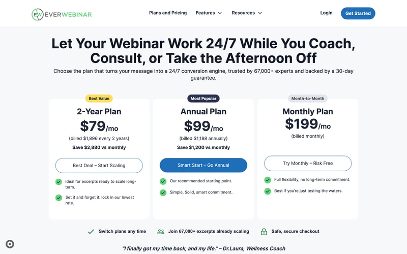 EverWebinar’s pricing page showing three plans: a 2-Year plan at $79 per month billed $1,896 every two years, an Annual plan at $99 per month billed $1,188, and a Monthly plan at $199 per month.