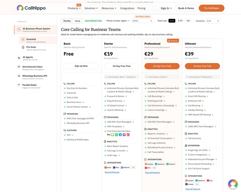 CallHippo’s four Essential tiers on annual billing — Basic free, Starter €19, Professional €29 and Ultimate €39 per user per month, with region, team size and currency selectors above