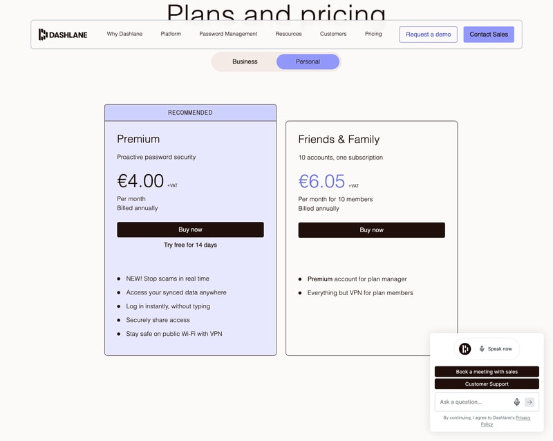 Dashlane’s personal plans page showing Premium at €4.00 a month and Friends & Family at €6.05 a month for ten members, both billed annually.