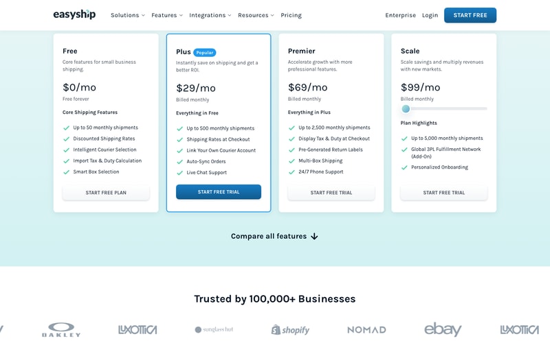 Easyship’s four plans — Free, Plus at $29, Premier at $69 and Scale at $99 a month — with shipment allowances of 50, 500, 2,500 and 5,000.
