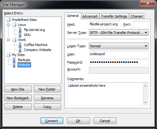 FileZilla Site Manager