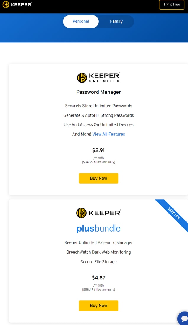 Keeper pricing for Personal plans