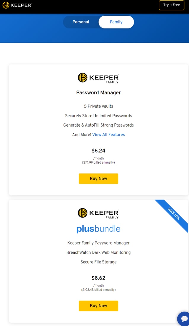 Keeper pricing for Family plans