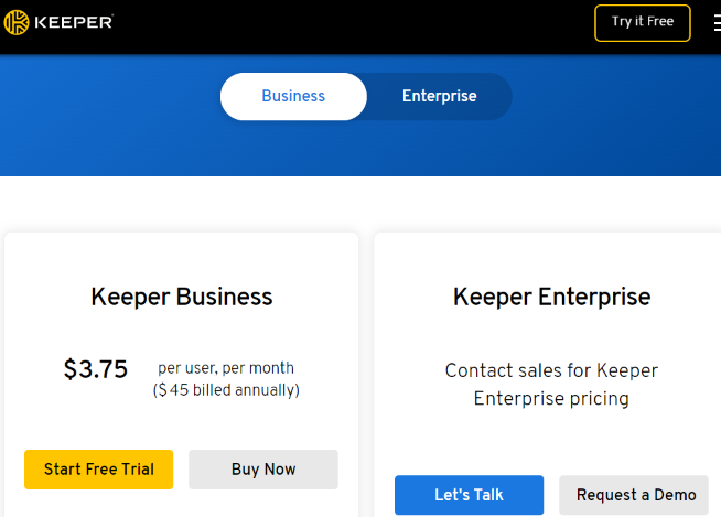 Keeper pricing for Business and Enterprise plans