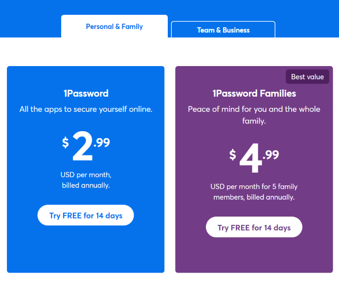 1Password pricing for Personal & Family