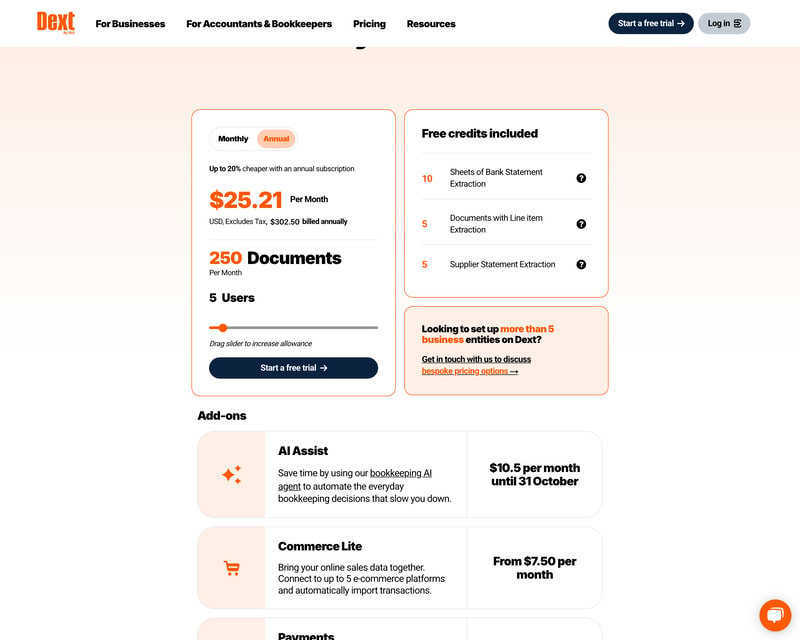 La página de precios para empresas de Dext en EE. UU. muestra 25.21 dólares al mes con facturación anual para 250 documentos y 5 usuarios, con un control deslizante para aumentar el límite y un panel de créditos gratuitos.