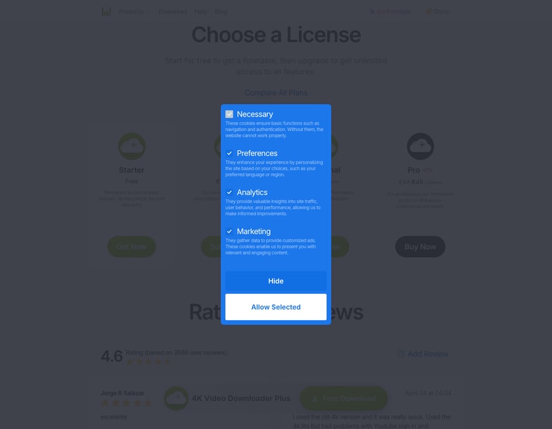 4K Video Downloader’s licence options — Starter, Lite, Personal and Pro.