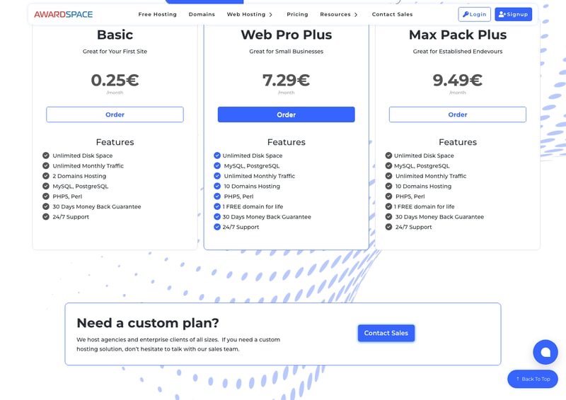 Awardspace shared hosting plans: Basic at 0.25 euros, Web Pro Plus at 7.29 and Max Pack Plus at 9.49 per month.