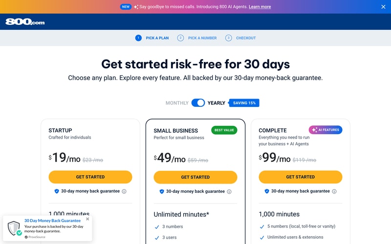 800.com’s plans page showing Startup at $19, Small Business at $49 and Complete at $99 per month on yearly billing, with a custom Enterprise tier.
