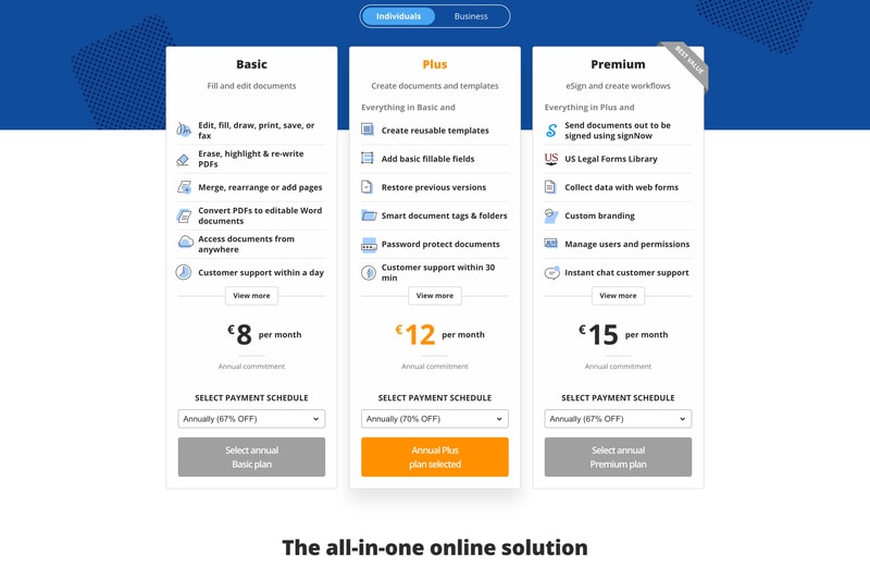 pdfFiller’s three individual plans — Basic at €8 a month, Plus at €12 and Premium at €15, each marked “Annual commitment”