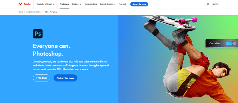 Adobe’s Photoshop product page, with its “Everyone can. Photoshop.” campaign and free trial and subscribe calls to action.