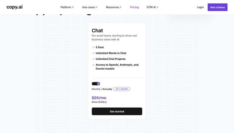 Copy.ai’s pricing page showing the single Chat plan at $24 a month billed at $288 a year, with a 20% saving badge beside the billing toggle.