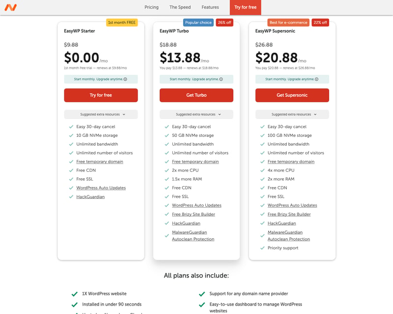 EasyWP’s three plans on Namecheap: Starter free for the first month then $9.88, Turbo $13.88 renewing at $18.88, Supersonic $20.88 renewing at $26.88 — each listing 1X WordPress website.