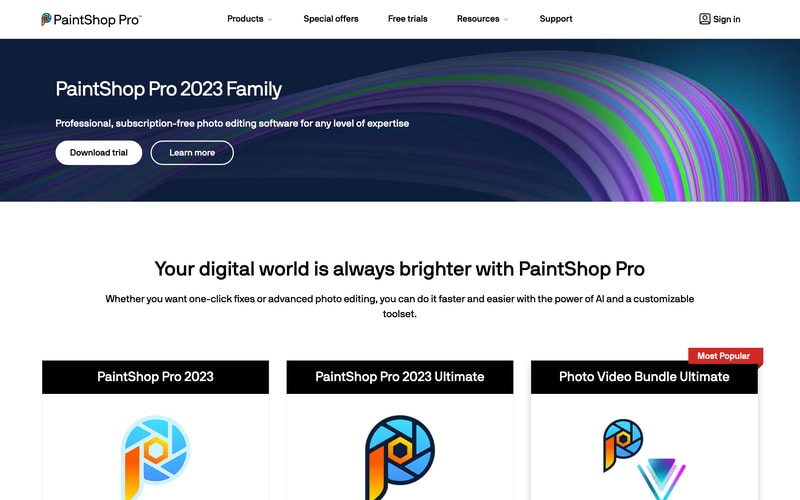 PaintShop Pro’s pricing page showing PaintShop Pro 2023 at €39.99, Ultimate at €53.99 and the Photo Video Bundle at €124.99, all including VAT.