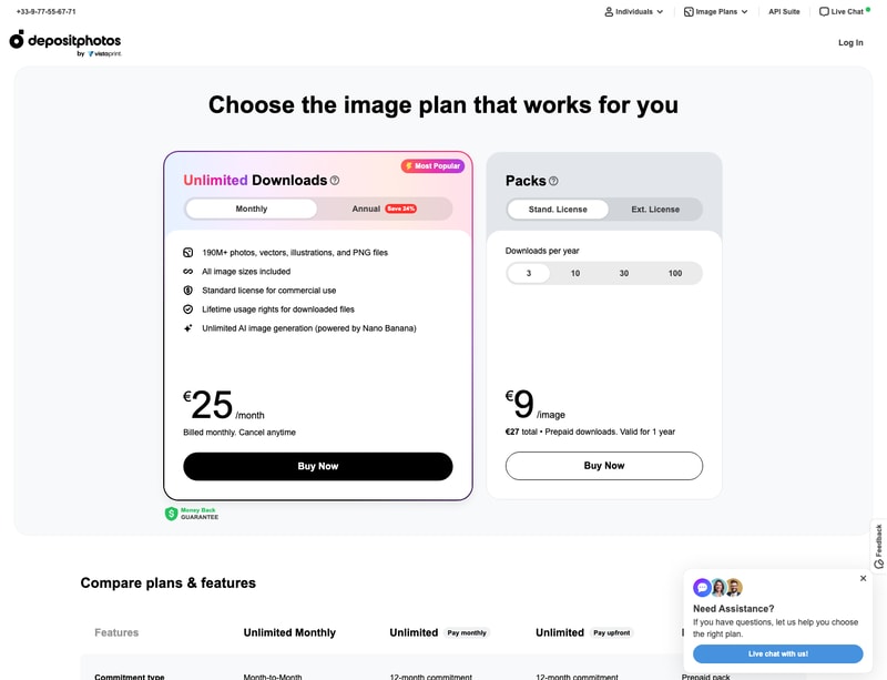 Depositphotos’ plan page showing the Unlimited subscription alongside the download packs.