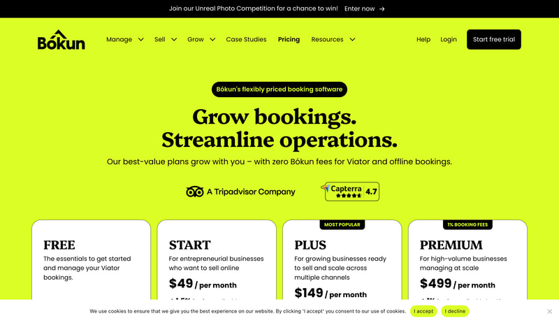 Bókun’s pricing plans: a Free tier plus START at $49/month, PLUS at $149/month (most popular), and PREMIUM at $499/month, advertised with zero Bókun fees on Viator and offline bookings.