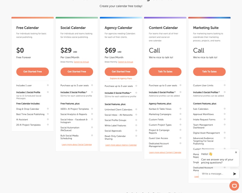 The same plans billed monthly: Social Calendar rises to $29 and Agency Calendar to $69 per user per month — a flat $10 difference on both.