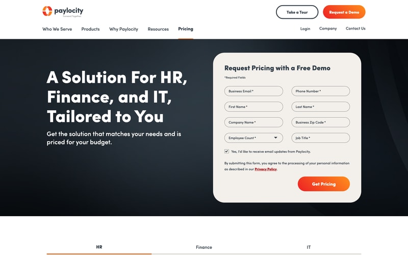 Airbase’s pricing page today, which redirects to Paylocity’s site and offers a “Request Pricing with a Free Demo” form rather than any published rates.
