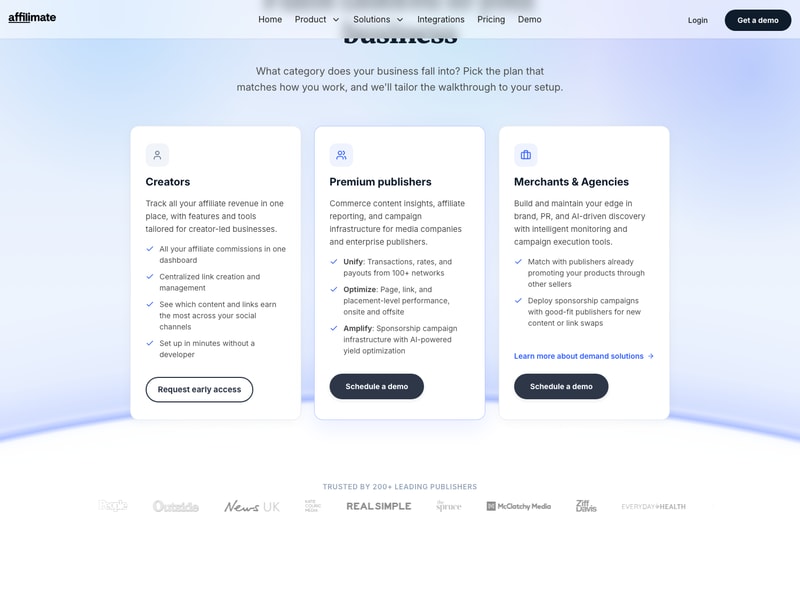 Die Preisseite von Affilimate: drei Karten für Creators, Premium Publishers und Merchants & Agencies ohne Preise – die Schaltfläche für Creators lautet „Frühzugang anfordern“, die anderen beiden „Demo vereinbaren“.