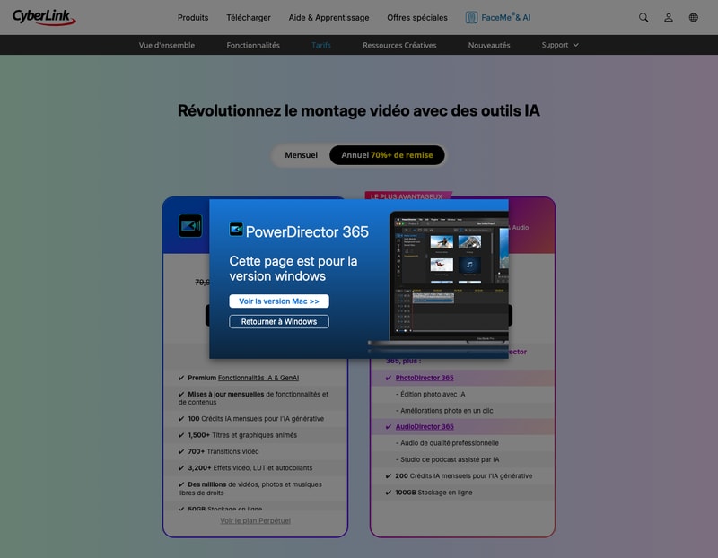 CyberLink’s PowerDirector pricing page, showing PowerDirector 365 and the Director Suite bundle.