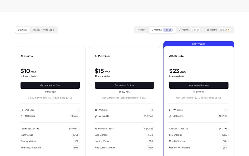 10Web’s pricing page with the 12-month term selected at 50% off, showing AI Starter at $10, AI Premium at $15, and AI Ultimate at $23 per month, with regular annual prices of $240, $360, and $540 noted beneath.