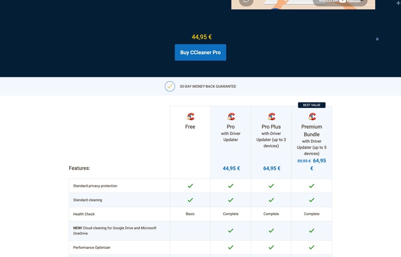 CCleaner’s pricing page showing Free, Pro at €44.95, Pro Plus at €64.95 for up to 3 devices, and the Premium Bundle at €64.95 for up to 5 devices, badged Best Value.