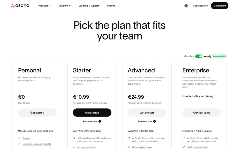 Asana’s pricing page on yearly billing showing Personal free for 2 users, Starter at €10.99 and Advanced at €24.99 per user per month, and custom Enterprise pricing, with AI Studio credits allocated per billing account.