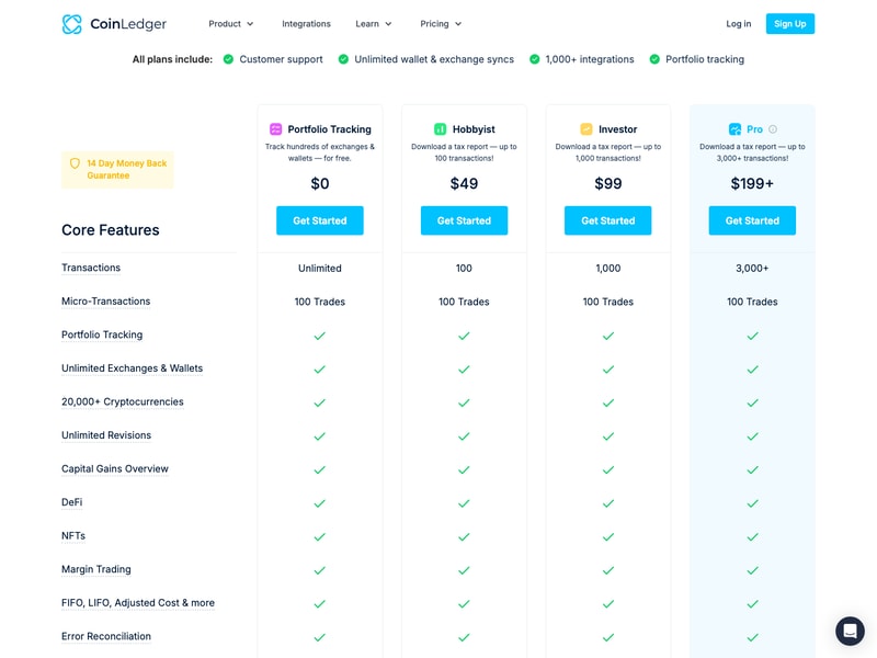 CoinLedger’s pricing page, showing the free portfolio tracking tier alongside Hobbyist, Investor and Pro.