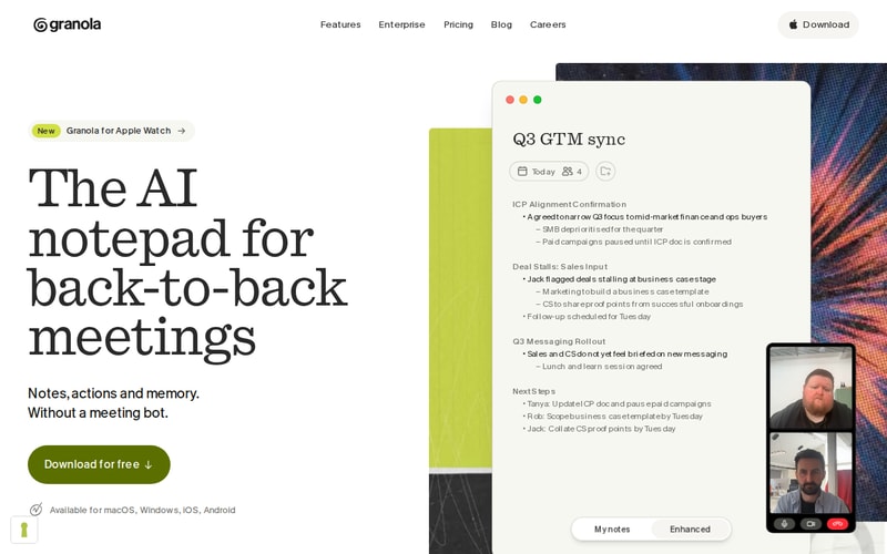Granola’s homepage, headed “The AI notepad for back-to-back meetings — Notes, actions and memory. Without a meeting bot.”, available for macOS, Windows, iOS and Android.