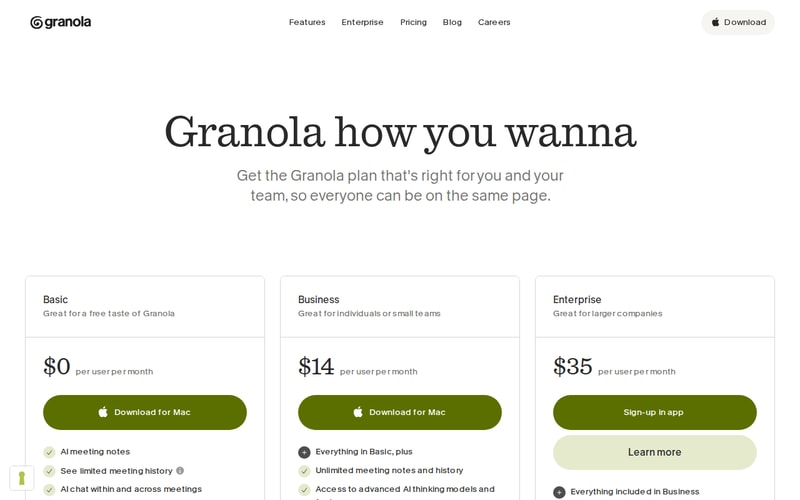 Granola’s pricing page: Basic at $0 per user per month, Business at $14 and Enterprise at $35, each billed per user per month.