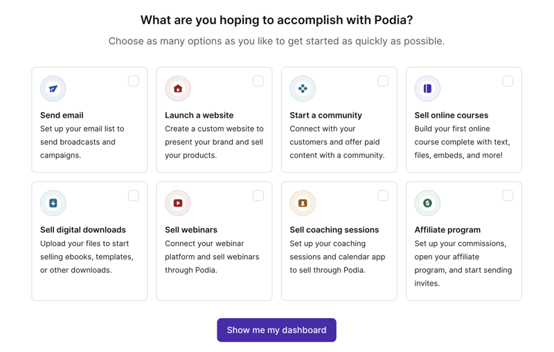 Podia dashboard