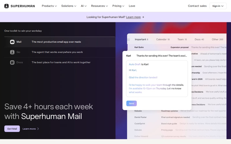 Superhuman’s homepage, headed “One toolkit to win your workday”, presenting three separate products — Mail, Go and Docs — with a “Looking for Superhuman Mail?” prompt in the header.
