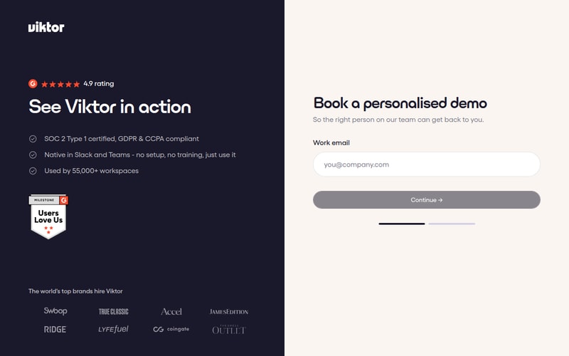 Viktor’s homepage, headed “Not a tool. A hire.” with the line “Hire Viktor and run your company like it’s twice the size” and a subhead reading “The AI employee that lives in Slack and Teams”, alongside a 4.9-out-of-5 G2 rating.